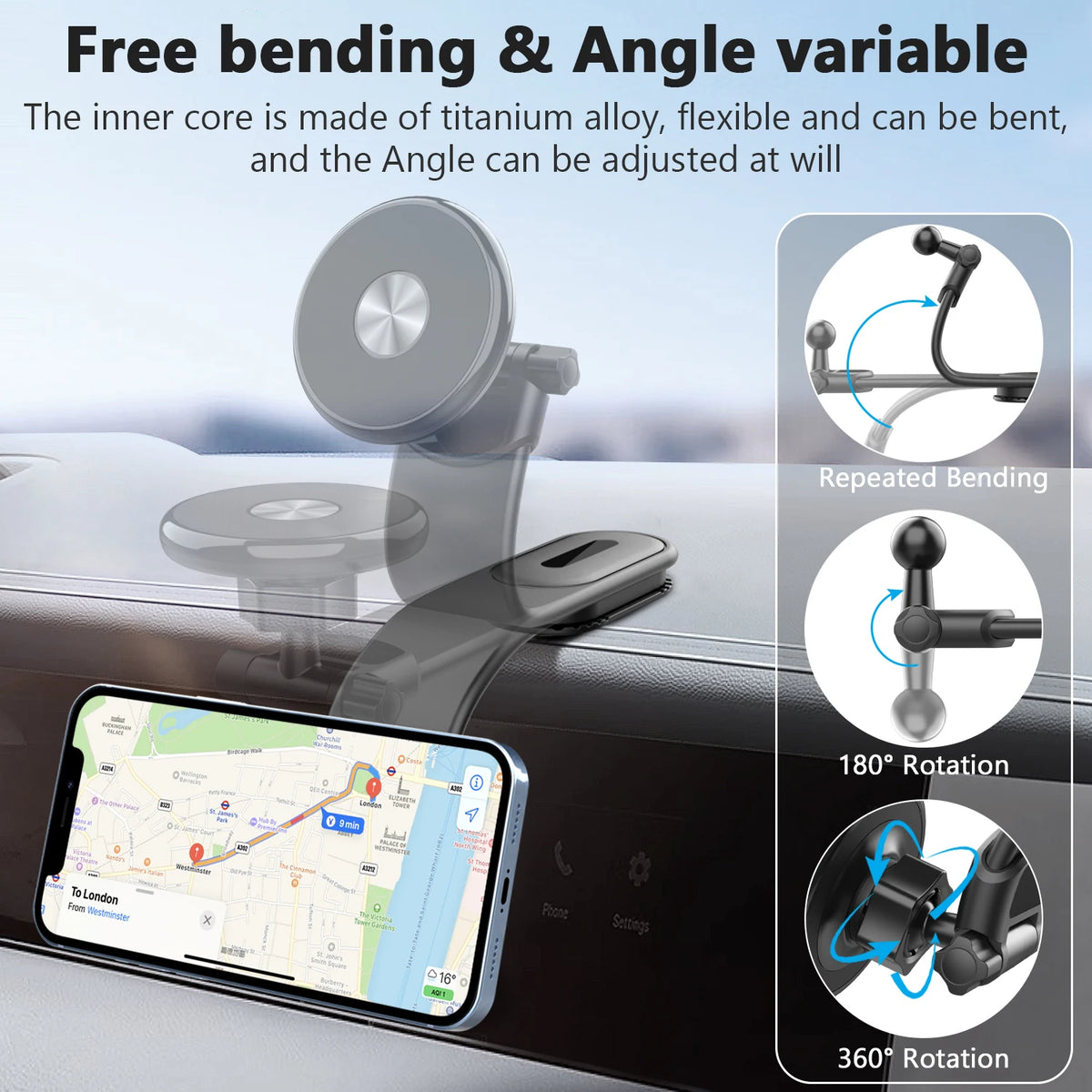 Bendable Aluminum Arm Magnetic Car Phone Holder Universal Car Dashboard Cell Phone Mount for MagSafe iPhone 17 16 Xiaomi Huawei