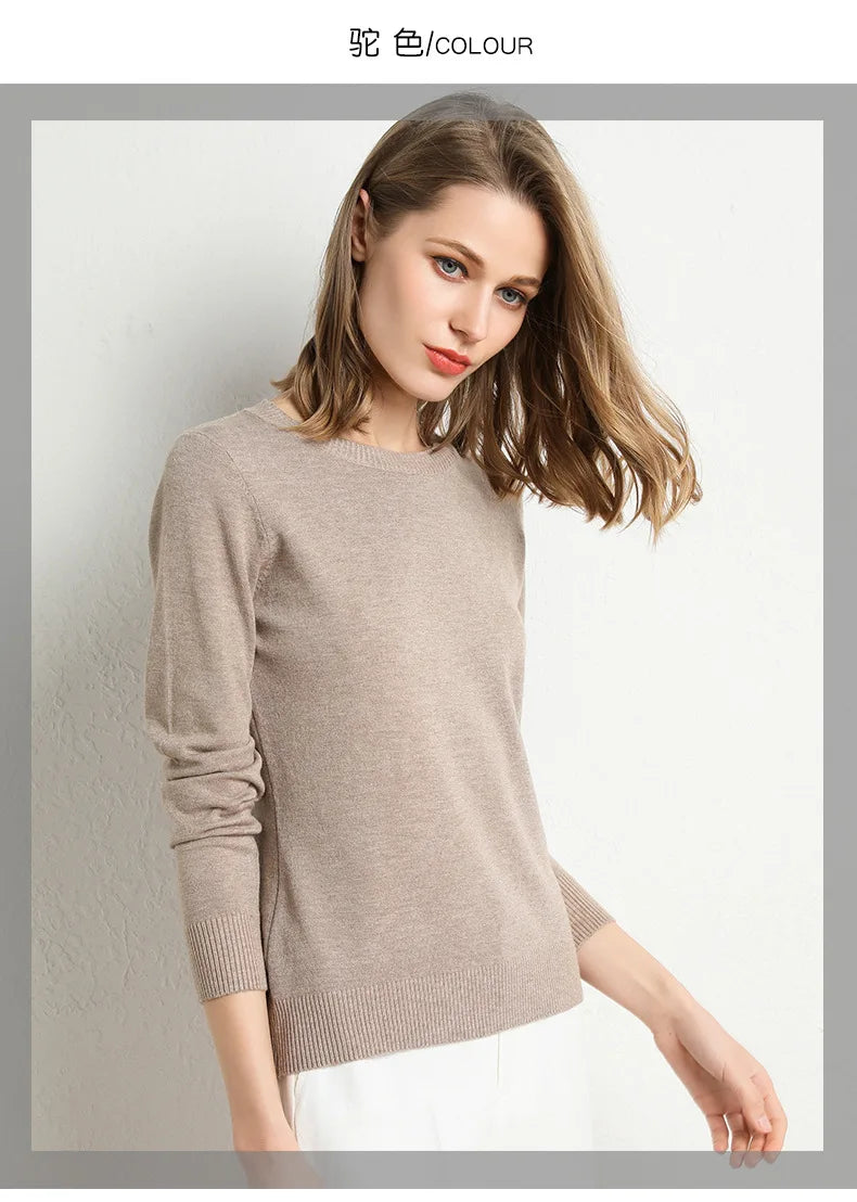 Women Slim O-Neck Solid Pullover Cashmere Wool Blending Sweater Autumn And Winter Long-Sleeved Knit Bottoming Shirt Large Size