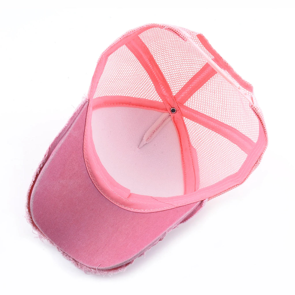 Boné de basebol rosa em ganga lavada para mulher, boné de pala para primavera e verão, boné snapback para homem, boné de camionista hip hop, chapéu de rede respirável