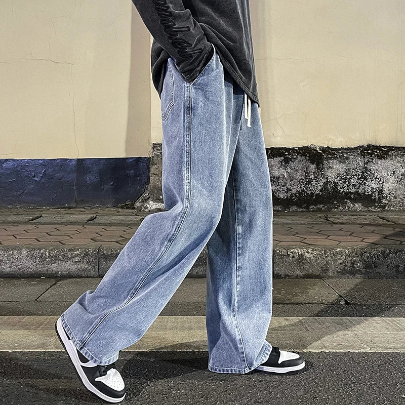 Korean Fashion Men's Baggy Jeans Elastic Waist  Classic olid Color Straight-leg Denim Wide-leg Pants Male Light Blue Grey Black