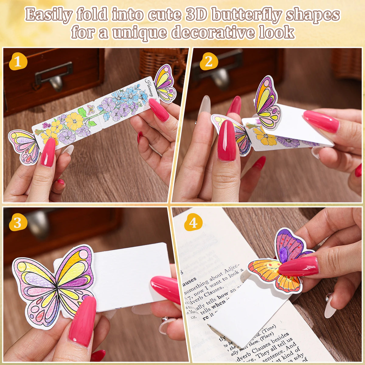 30Pcs Floral Coloring Paper Bookmarks, Foldable Butterfly Shape Coloring Book Markers, Gifts for Adults Students Reading Lover
