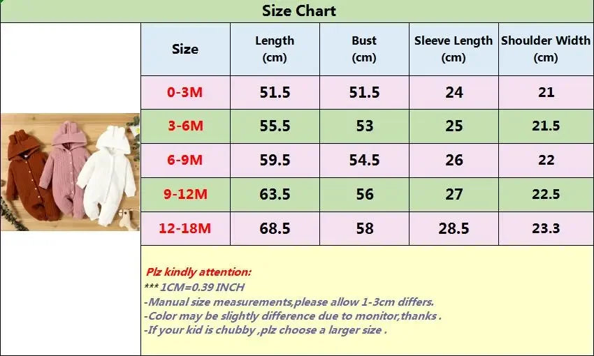 0-18 Month Newborn Baby Romper Boys Girls Cute Ears Solid Hooded Long Sleeve Baby Bodysuit Clothes Infant Autumn&Winter Costumes