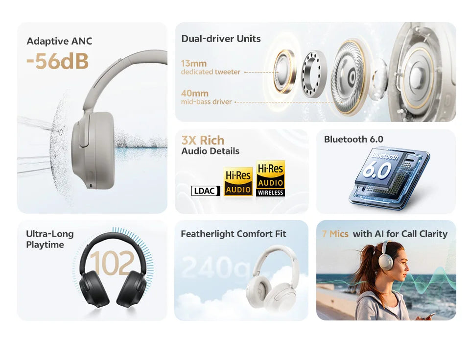 QCY H3S -56dB Adaptive ANC Over Ear Headphone Hi-Res LDAC Spatial Sound Wireless Earphone Bluetooth 6.0 Dual Driver 102H Headset
