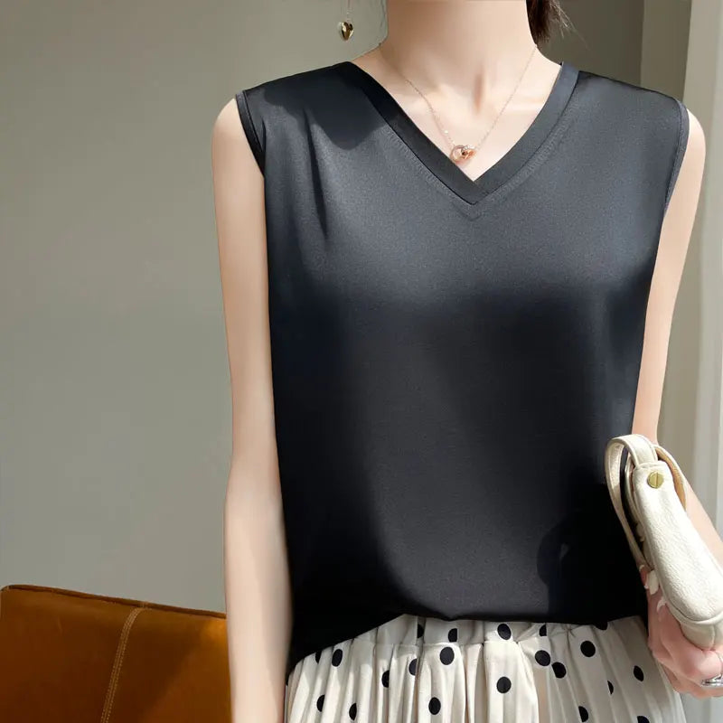 V-Neck Silk Vest Women's Summer Short Sleeved Top Acetate Satin Sleeveless Summer Shirt T-Shirt Loose Suspender Base YTM A39