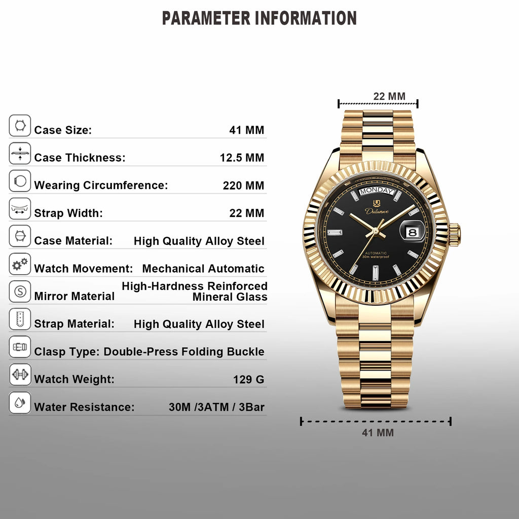 Dulunwe Automatic Watches for Men Day Date Classic 41MM Retro Mechanical Wristwatch 3ATM Waterproof Screw-in Crown Design