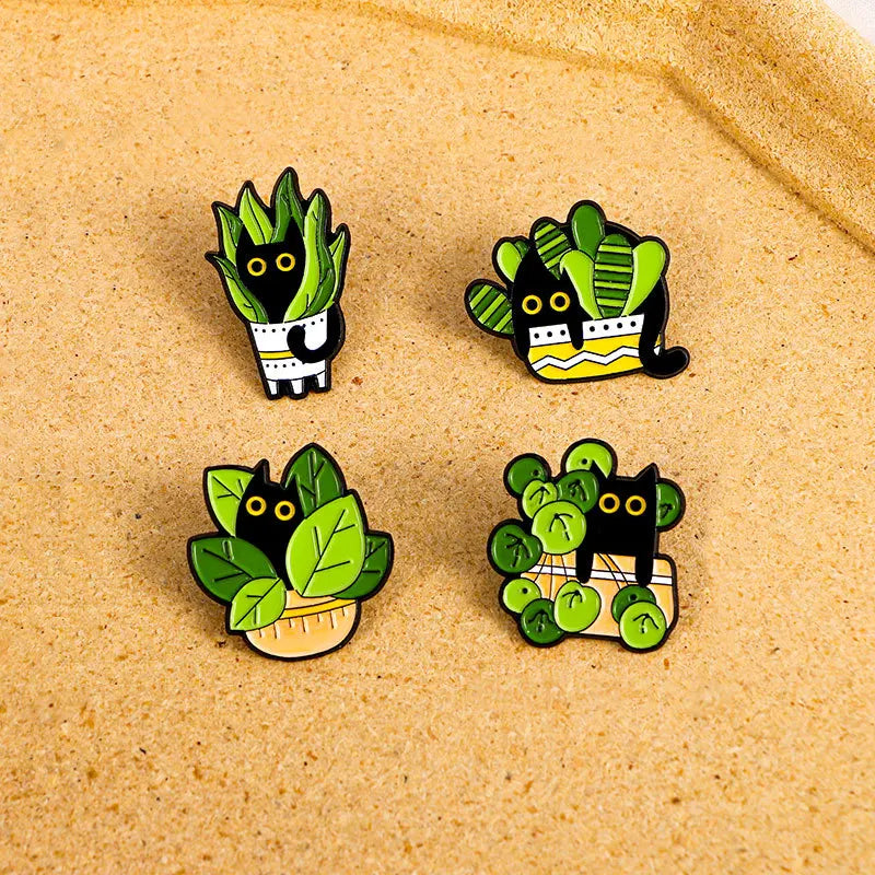 Cats in Plants Enamel Pins Metal Black Cat Potted Plant Badges Lapel Brooches Fun Animal Plant Jewelry Gift On Backpack For Kids