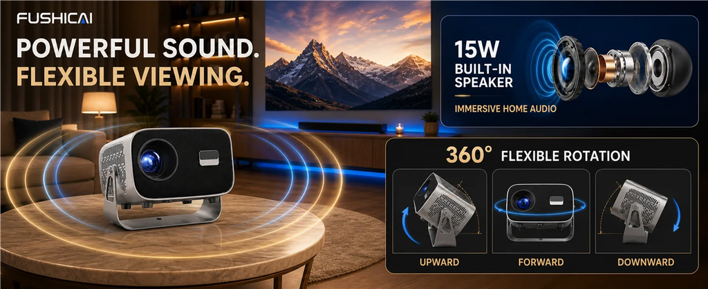 FUSHCAI Outdoor Projector A10 Portable Mini Projector with 360° Rotation 900 ANSI Native 720P 4K Compatible Auto Focus BT 5.4