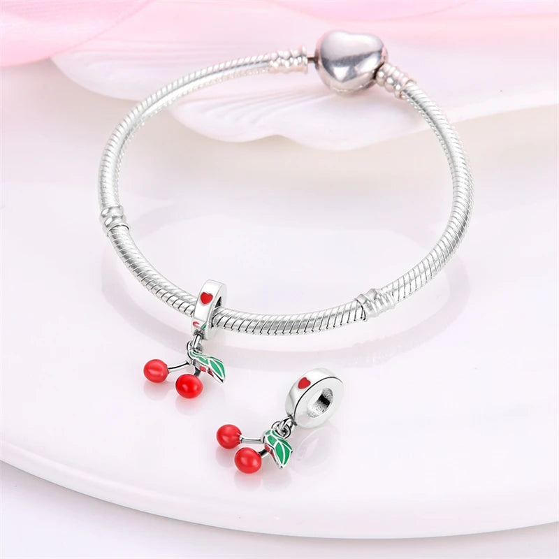 New 925 Silver Plated Strawberry Cherry Avocado Fruit Charms Beads Fit 3mm 925 Original Bracelets DIY Birthday Jewelry Gift
