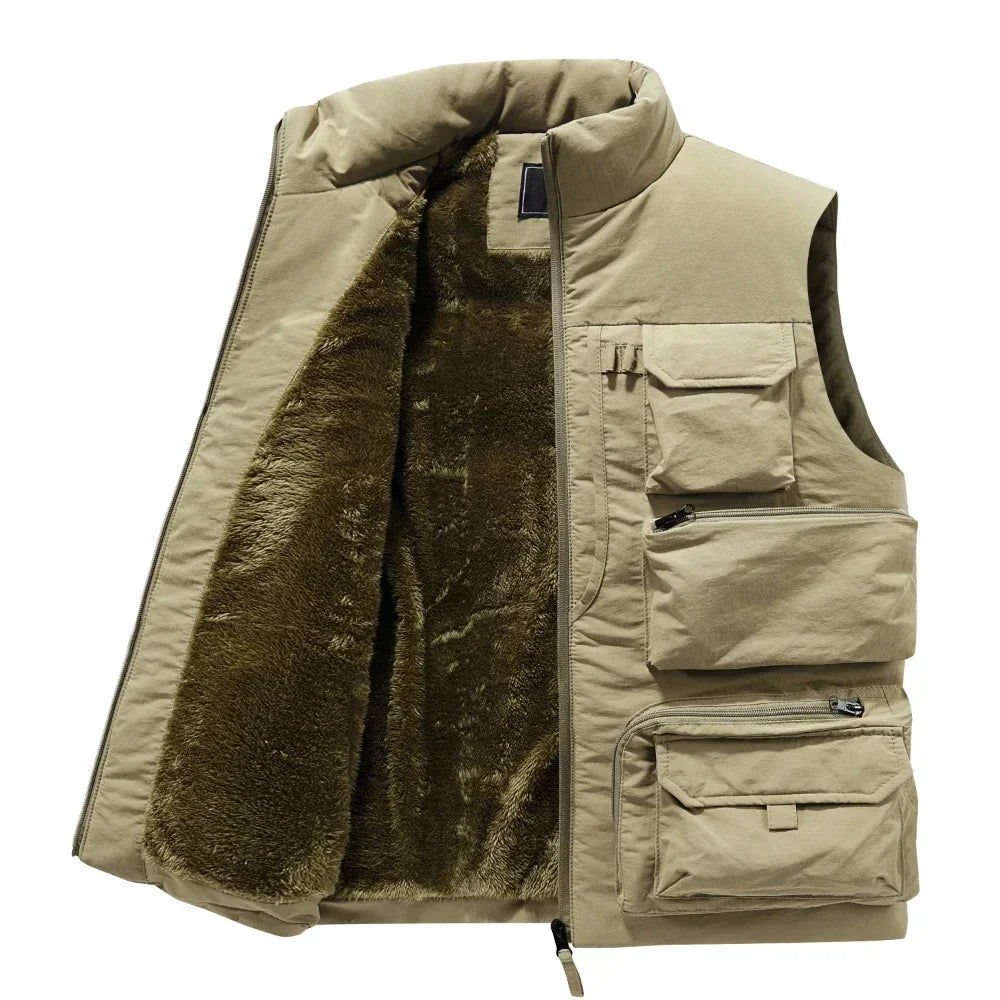 Men's New Keep Warm Fleece Work Sleeveless Jacket Slim Fit Windbreaker Fashion Many Pocket Jacket Men Winter Sleeveless Jackets