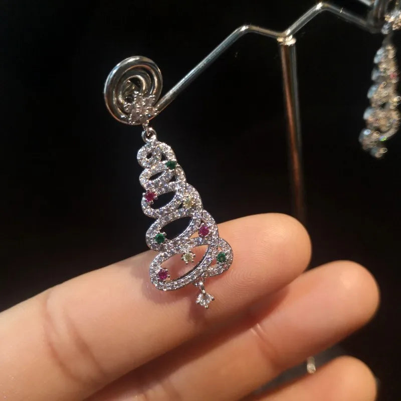 Colorful Zircon Christmas Tree Earrings for Women Fashion Red Green Crystal Tree Pendant Earring New Year Holiday Jewelry Gifts