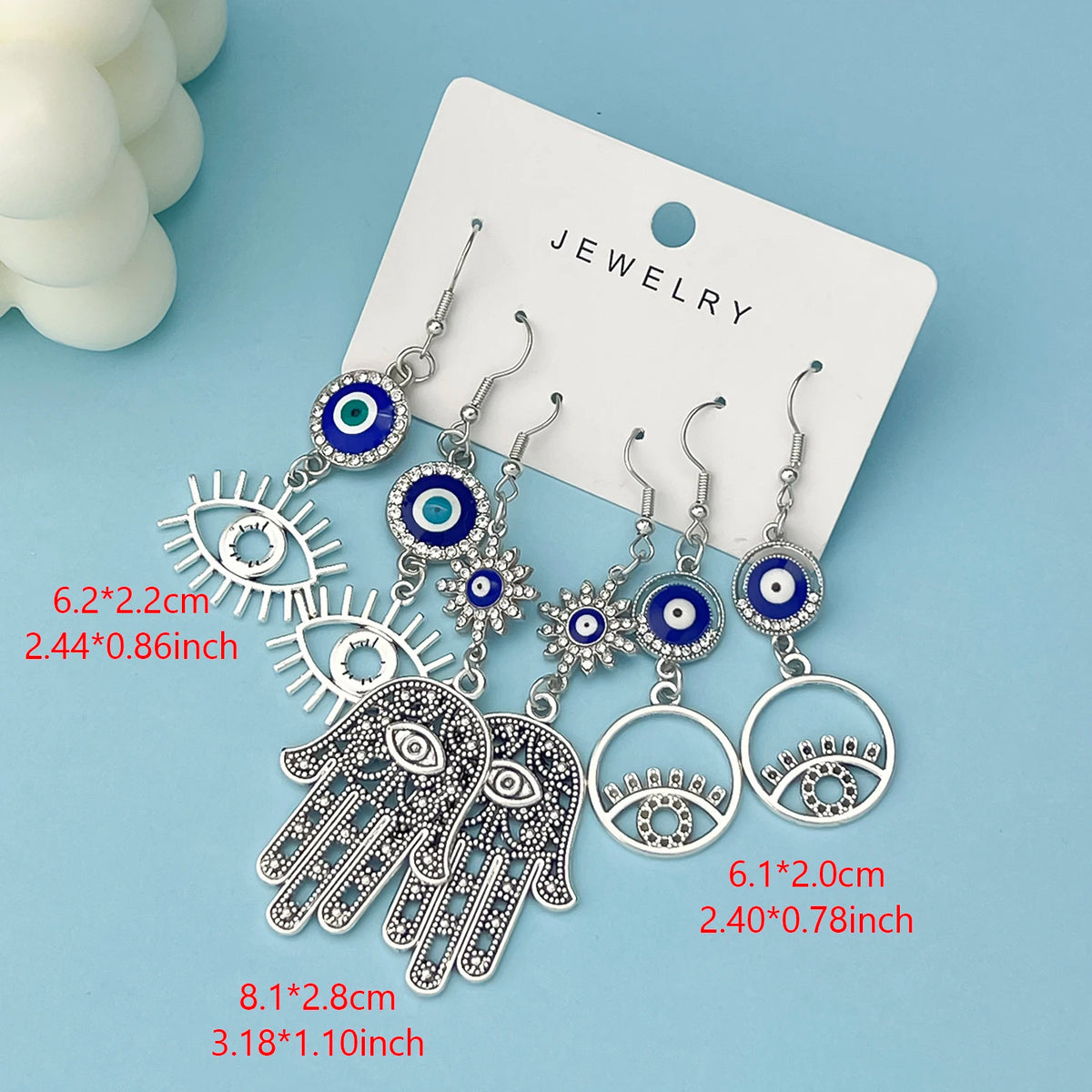 3 Pair Bohemian Vintage Silvery Color Hand Of Hamsa Devil's Eye Design Dangle Earrings Retro Ethnic Style Jewelry Accessories