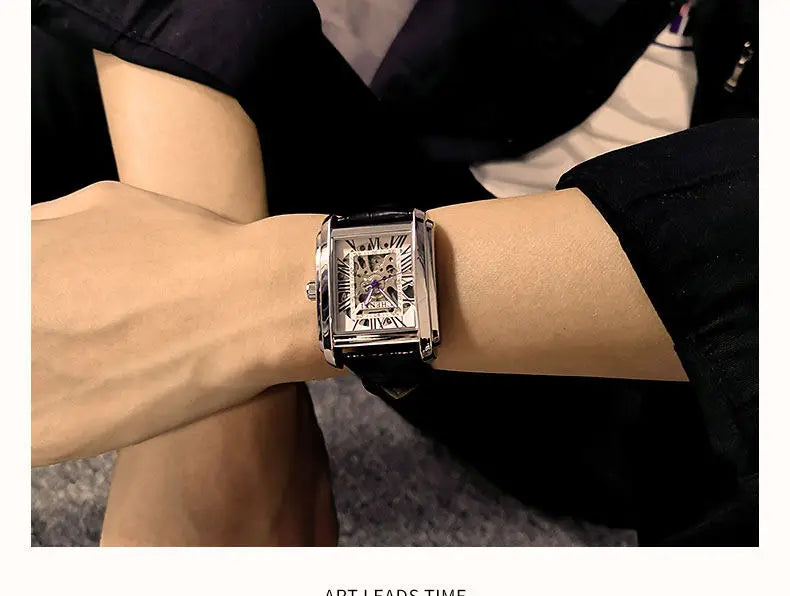 Square Skeleton Mechanical Watches for Man Luxury Business Casual Man Automatic Watch Leather Strap Gift Hand Clock for Men