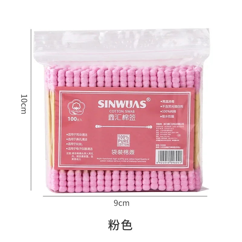 100Pcs Color Mix Double Head Bamboo Cotton Buds Adults Makeup Cotton Swab Eco Friendly Wood Sticks Nose Ears Cleaning Tools