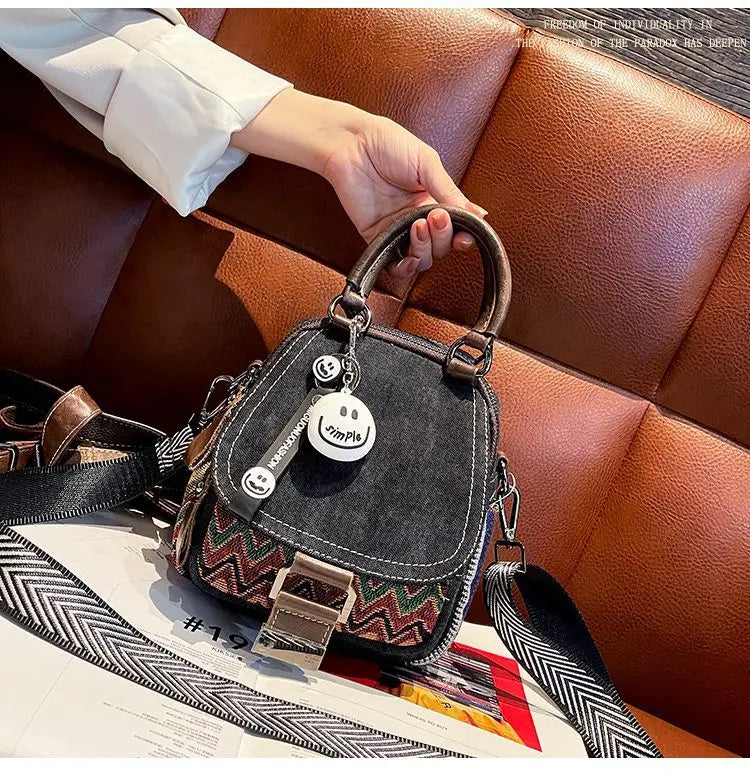 Denim Small Backpack  New Contrast Color Women Bag Retro Ethnic Style Embroidered Multifunctional Bagpack Crossbody Bolsa
