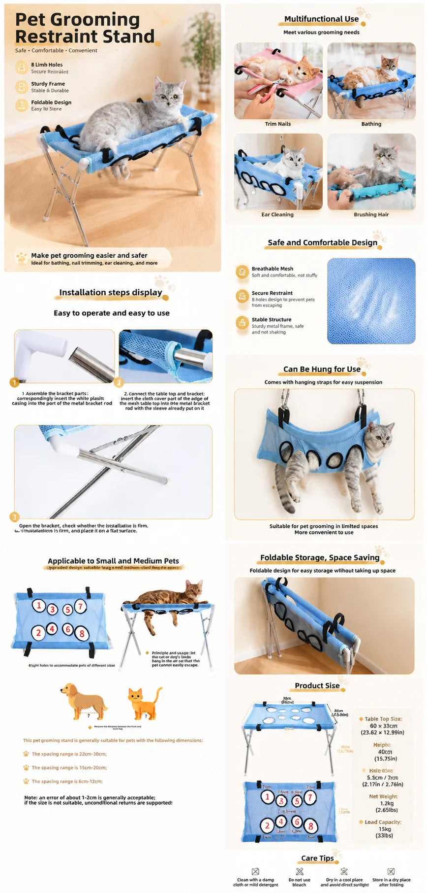 Suporte de Banho Portátil para Animais de Estimação, Rede de Contenção Ajustável em Rede para Lavagem de Cães e Gatos, Suporte em Rede Dobrável para Banho e Secagem