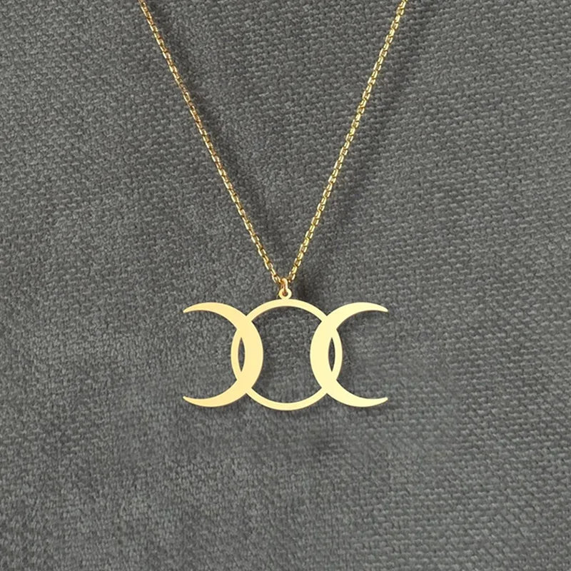 14k Gold Plated Triple Moon Goddess Necklace Stainless Steel Wiccan Moon Phases Pendant Symbol of Feminine Power Jewelry