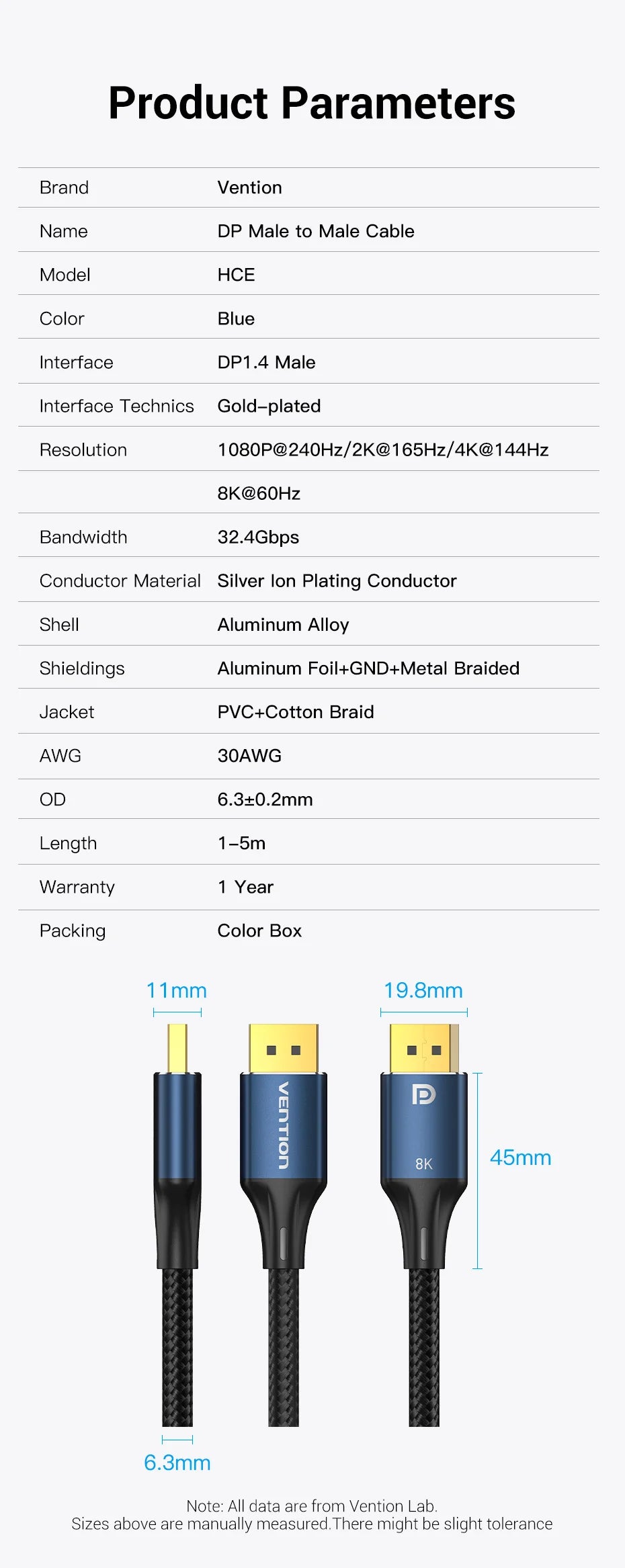 Vention DisplayPort 1.4 Cable 8K 60Hz 4K HDR 165Hz Display Port Audio Cable for Video PC Laptop TV Display Port 1.4 DP Cable 1.2