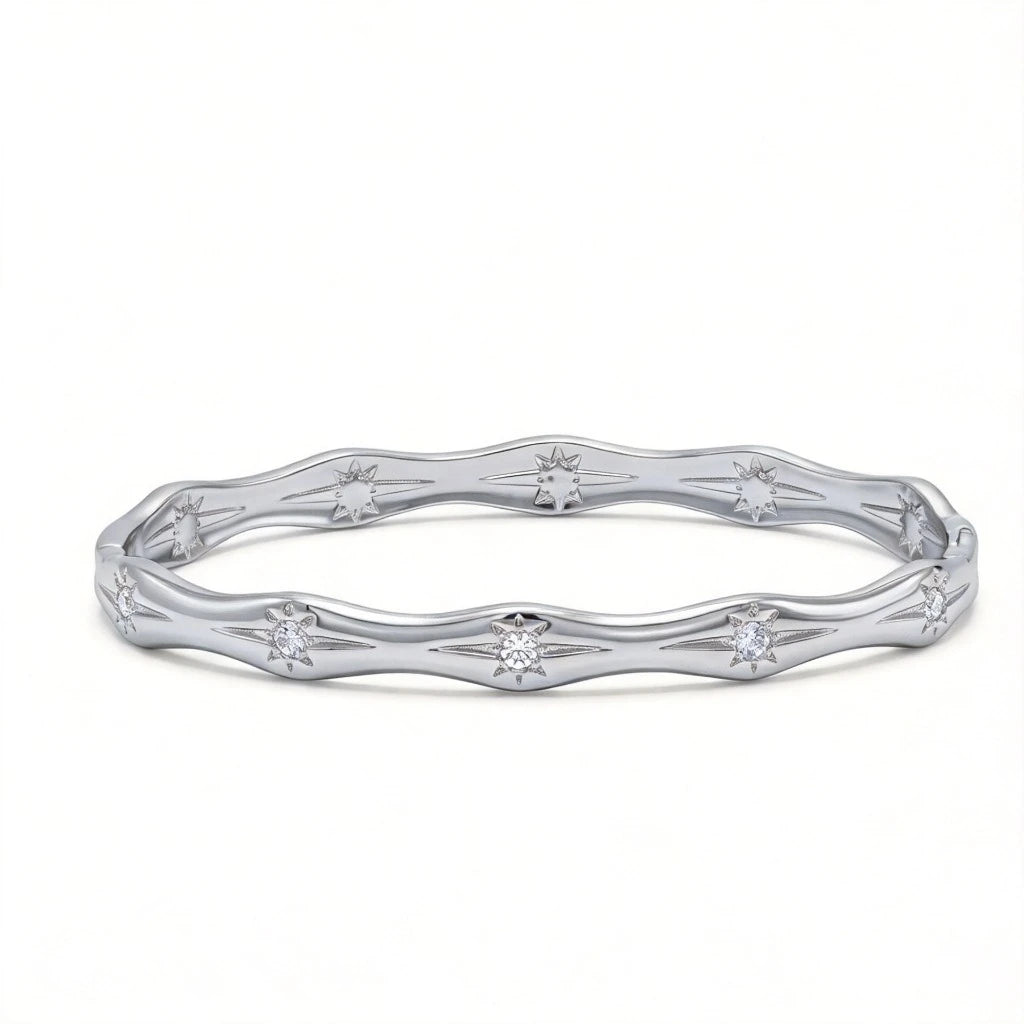 Gold Color Snap-on Sun Zircon Bangle, Luxury Stainless Steel Bracelet for Women, Fashion Jewelry Gift 60mm