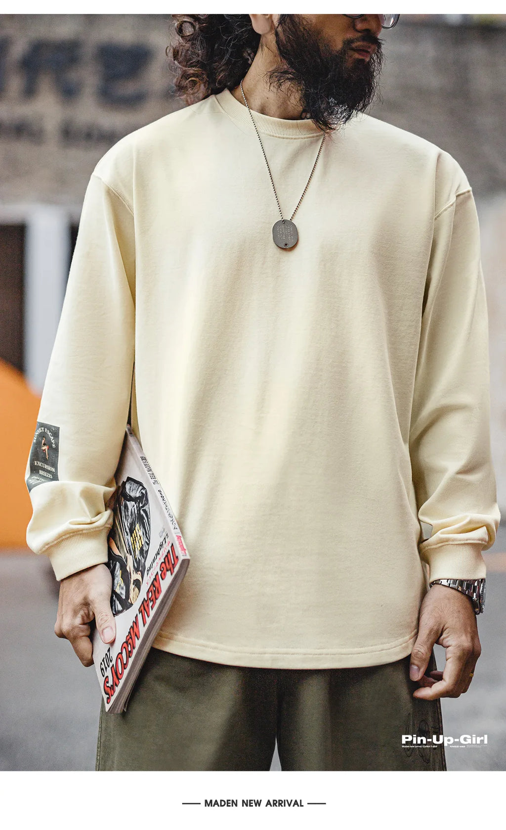 Maden Vintage Back-Printed Long-Sleeve T-Shirt Loose Casual Round-Neck Pullover for Men's Spring and Fall 60's Street-Style Tops