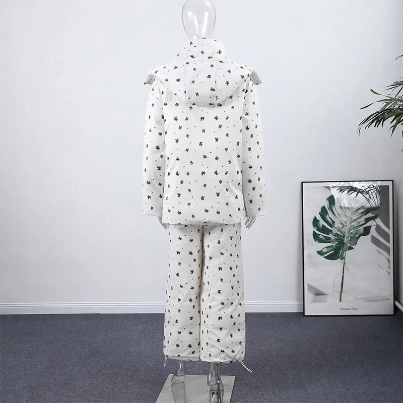 Chic Striped Hooded Puffer Coat Set Women Quilted Full Sleeve Zip Jacket Wide Leg Pants 2026 New Lady Autumn Winter Warm Outfit