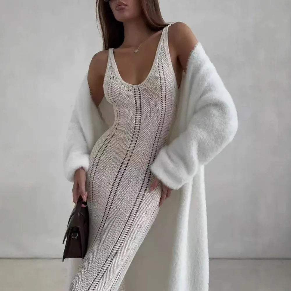 Autumn and winter loose and lazy style open knit coat, thick knee length imitation mink fur long sleeved sweater, warm jacket