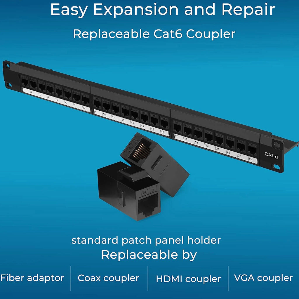 ZoeRax 24 Port Patch Panel with Cat6 Cat6A RJ45 Coupler  1U/19-Inch Patch Panel Removable Back Bar Ethernet Distribution Frame