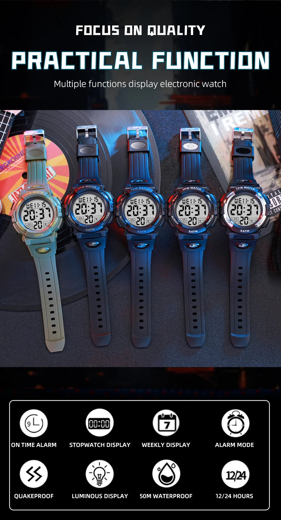 TPW Digital Watch with Big Numbers 5ATM Water Resistant Day Date Alarm Function Adventure Watch