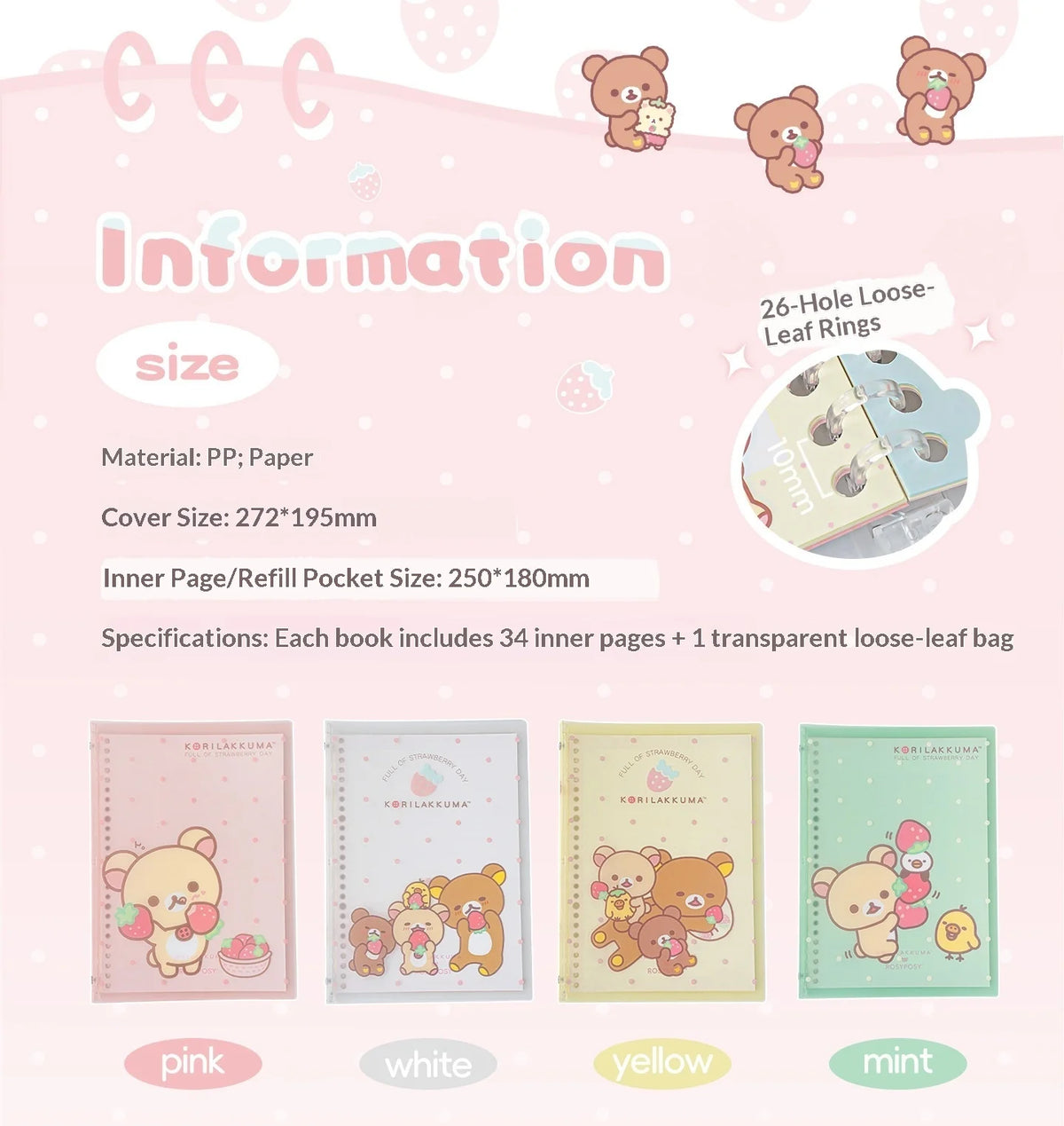 In Stocks RosyPosy Korilakkuma Loose Leaf Notebook Cute Strawberry Pattern B5 Refillable Journal For Study Office Daily Planning