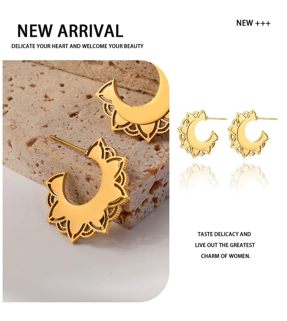 YACHAN Trendy Metal Stainless Steel C-Shaped Hoop Earrings for Women Geometric PVD 18K Gold Plated Waterproof Jewelry