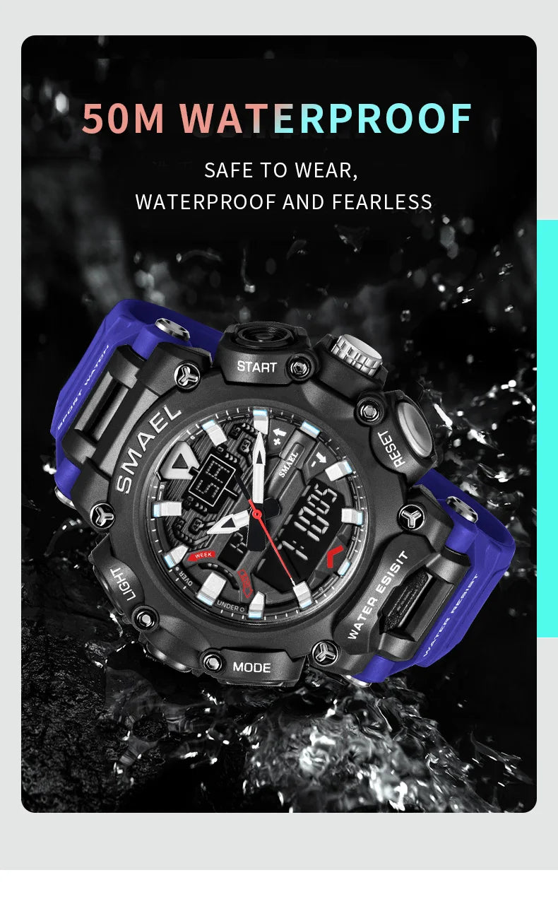 Military Watch Sport Waterproof 50M Stopwatch Analog Digital Wristwatches Week Display Alarm Clock 8053 Digital Watches Mens