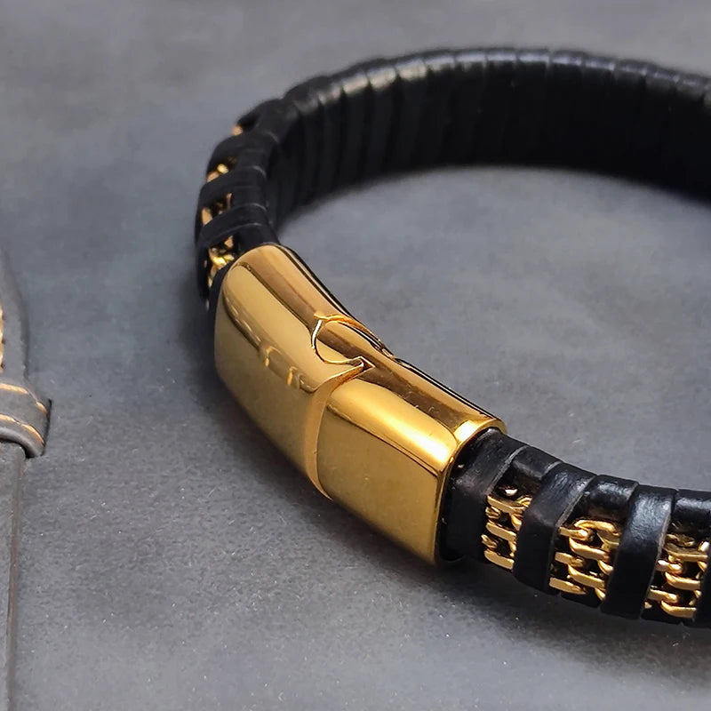 New Fashion 8mm Chain Curb Cuban Link Charm Leather Bracelets Men Stainless Steel Magnet Clasp Hand Bracelet Homme Men's Gifts