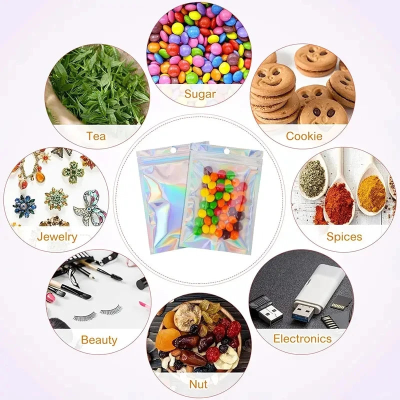 100pcs Holographic Resealable Mylar Bags Ziplock Candy Suger Tee Jewelry Beauty Storage Bag