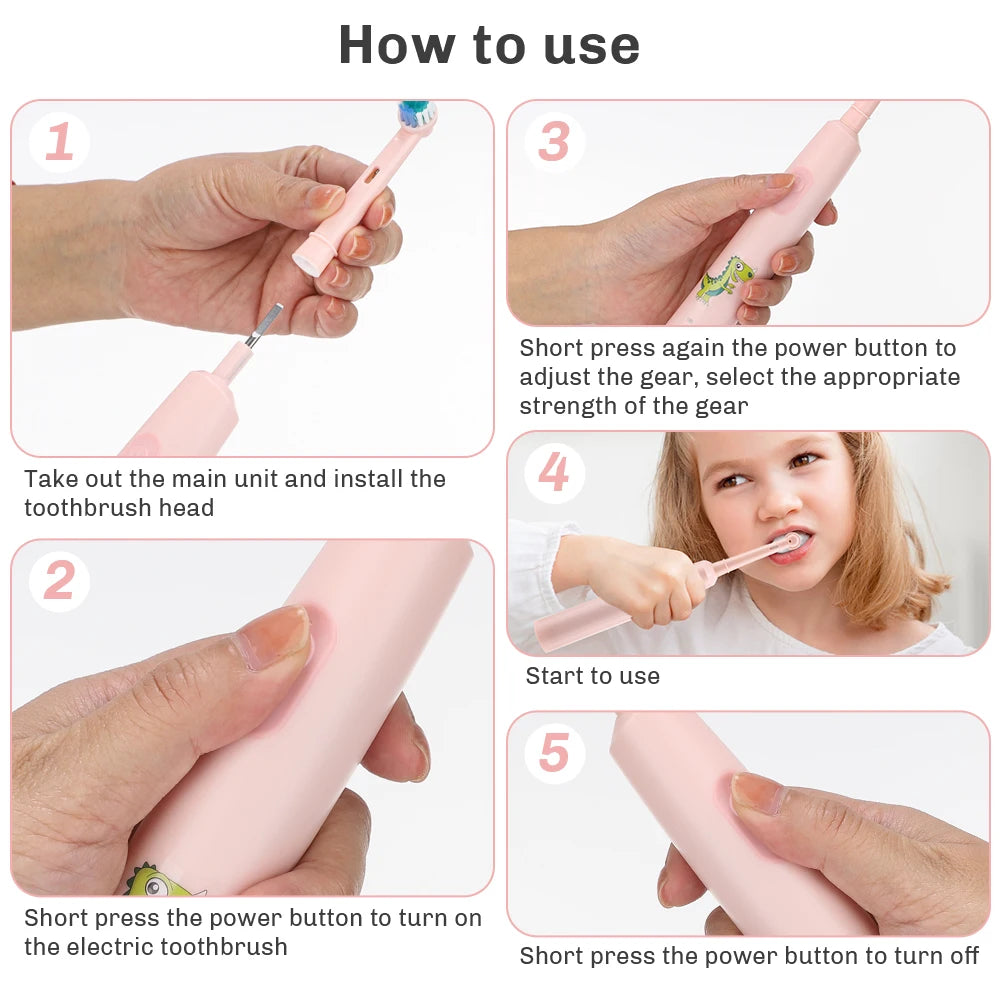 Smart Electric CleaningToothbrush For Children 4Pcs Brush Heads Round Rotating  3 Cleaning Modes Soft Bristles Teeth Brush