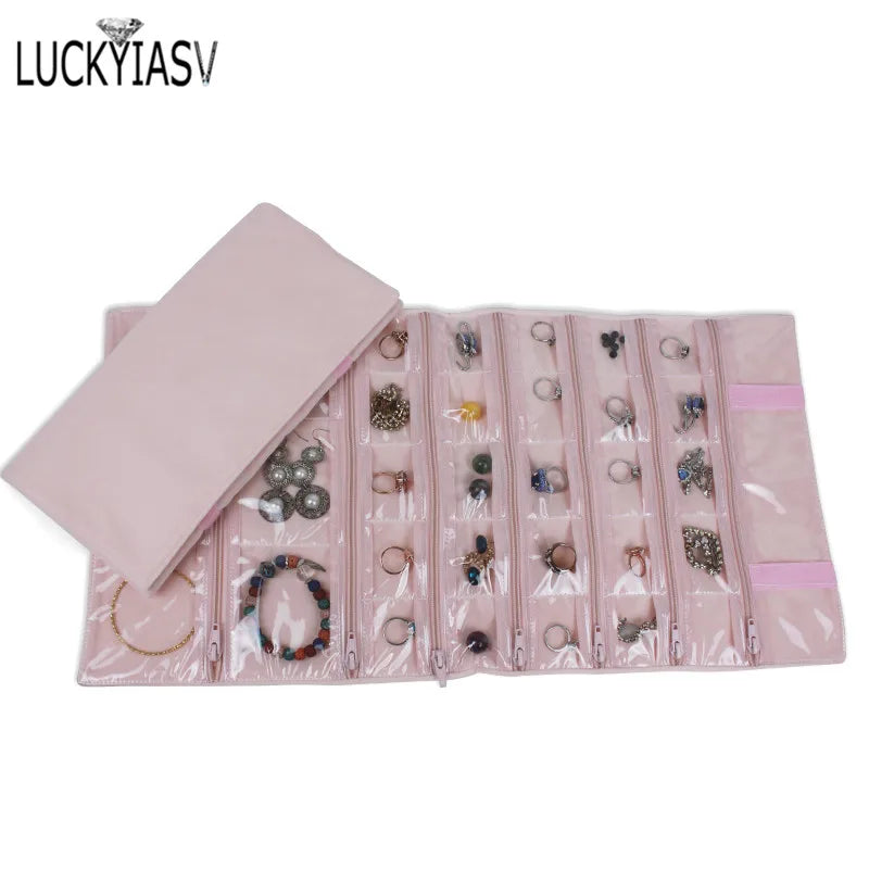 Velvet Travel Zipper Jewelry Roll Bag for Jewellery Ring Earrings Organizer Storage Bag Portable Necklace Display Cases