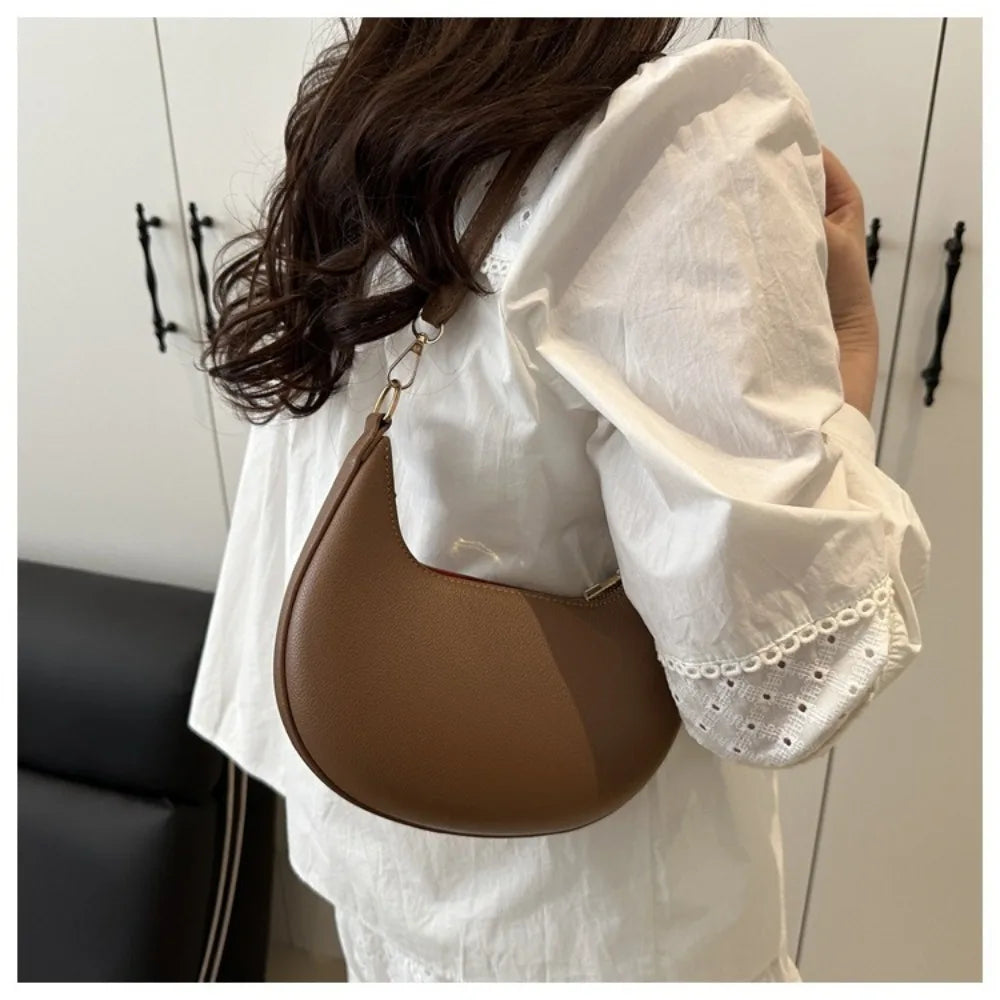 Casual PU Leather Shoulder Bag Moon-shaped Large Capacity Underarm Bag Solid Color Tote Handbag Women's Handbags
