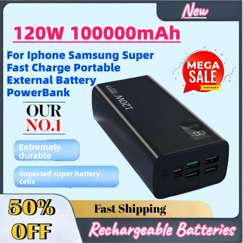 High Capacity 2026 New 120W 500000mAh Power Bank For Iphone Samsung Super Fast Charge Portable External Battery PowerBank