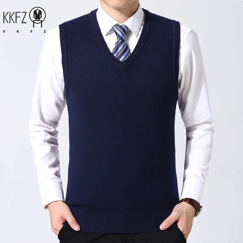 2026 Autumn Winter New Men's Solid Color V-neck Knitted Vest Casual Fashion Warm Sweater Versatile Top