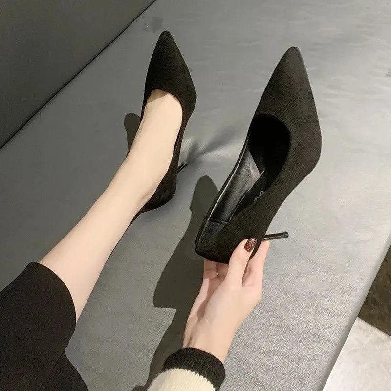 Spring and Autumn New Black High Heels Female Shallow Mouth Pointed Thin with Sexy Temperament Single Shoes Zapatos De Mujer