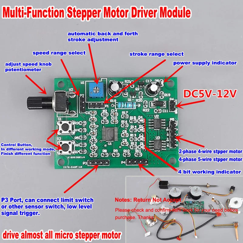 Adjust Speed Controller Module Micro Step Stepper Motor Drive Board Switch 2-phase 4-wire 4-phase 5-wire Stepping Motor 5V-12V