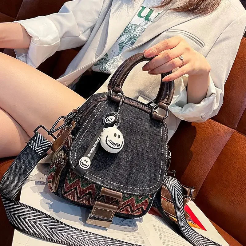 Denim Small Backpack  New Contrast Color Women Bag Retro Ethnic Style Embroidered Multifunctional Bagpack Crossbody Bolsa
