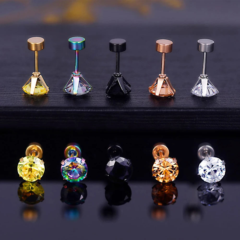 Pack of 1 Pair/5 Pairs Titanium Stainless Steel Screw Flat Back Cubic Zirconia Stud Earrings Set for Men Women 2/3/4/5/6/7/8mm