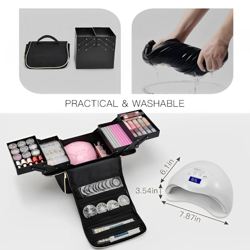 Mala de Maquilhagem de Grande Capacidade com Tabuleiros Dobráveis Multicamadas Ajustáveis, Caixa para Manicura, Organizador de Cosméticos Portátil para Unhas