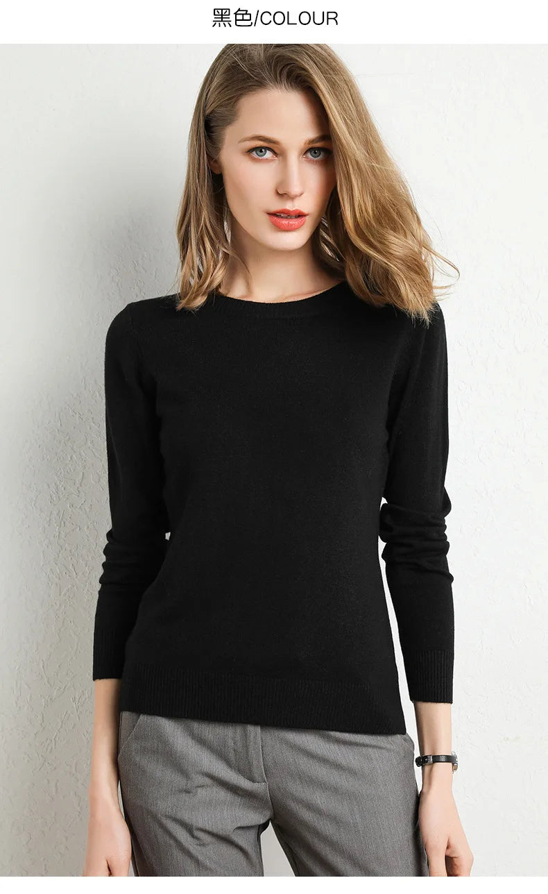 Women Slim O-Neck Solid Pullover Cashmere Wool Blending Sweater Autumn And Winter Long-Sleeved Knit Bottoming Shirt Large Size