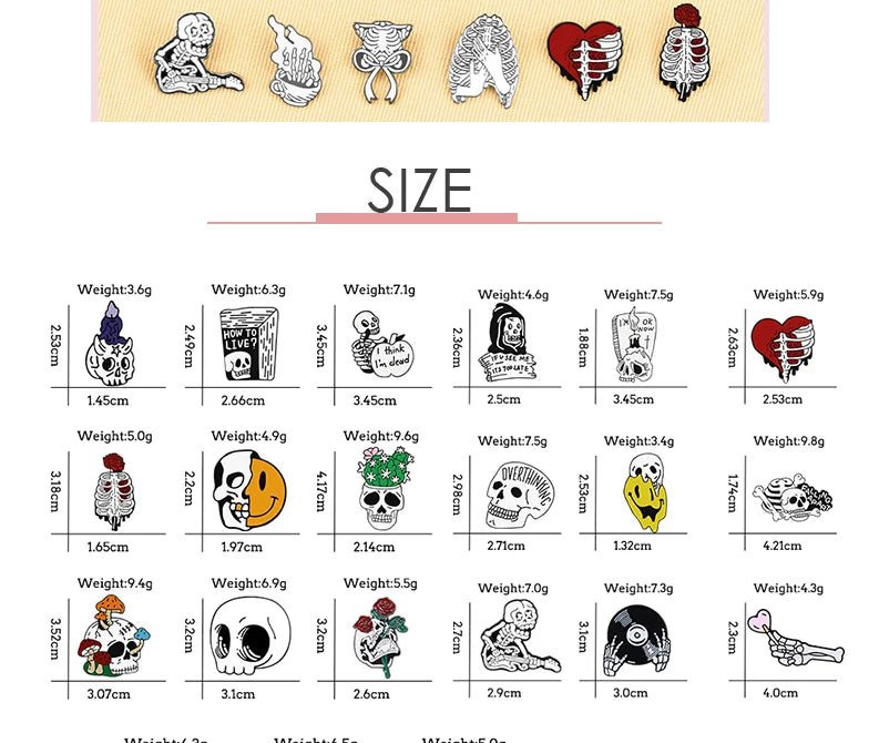 More Styles Halloween Day Punk Skeleton Enamel Pin Women Men Rose Flower Skull Brooches Metal Jean Coat Lapel Pin Badge Jewelry