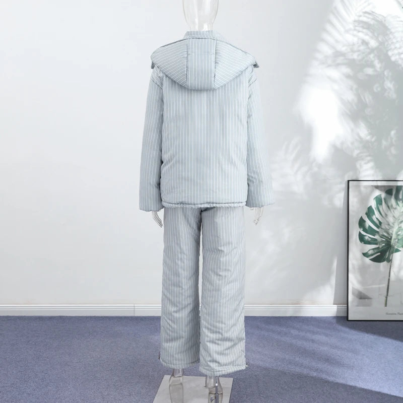 Chic Striped Hooded Puffer Coat Set Women Quilted Full Sleeve Zip Jacket Wide Leg Pants 2026 New Lady Autumn Winter Warm Outfit