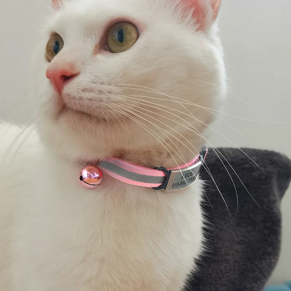 Customized Cat Collar Reflective Cat Collar Free Engraved Puppy Kitten Pet ID Nameplate Necklace With Bell Anti-lost For Cats