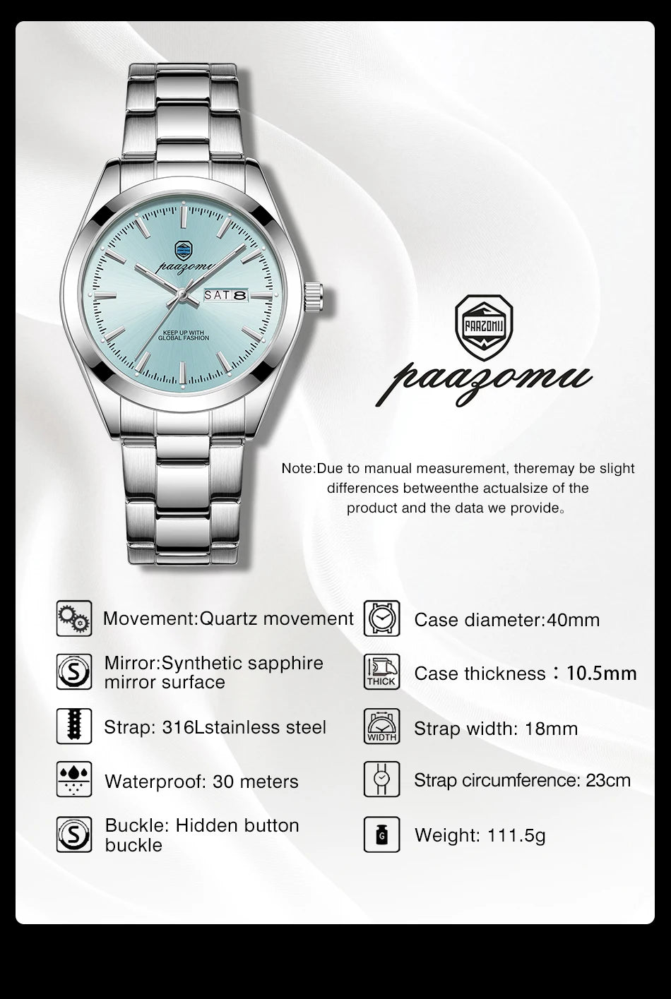 PAAZOMU Fashion Men's Quartz Watch Luminous Hands Date Week Stainless Steel Strap Waterproof Casual Wristwatch Quartz Men Watch