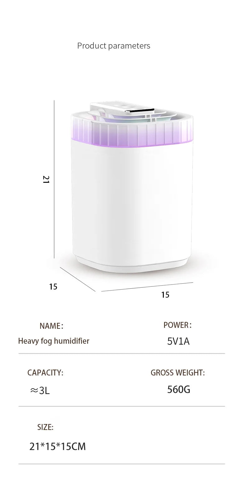 Humidificador de ar ultrassónico de 3L com névoa fria, luz noturna e três bicos, humidificador aromático USB silencioso para casa