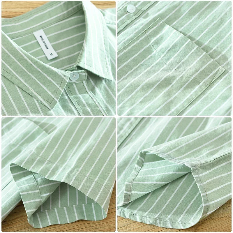 Green Striped Short Sleeve Shirts for Men Casual Turn-down Collar Tops Man Summer New Fashion Button Up Shirt Clothing