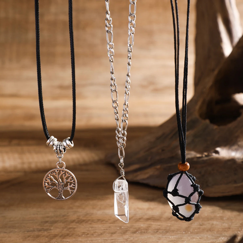 PuRui Vintage Natural Stone Beads Pendent Necklace for Women Crystal Charm Multilayer Rope Choker Neck Chain Jewelry Party Girls